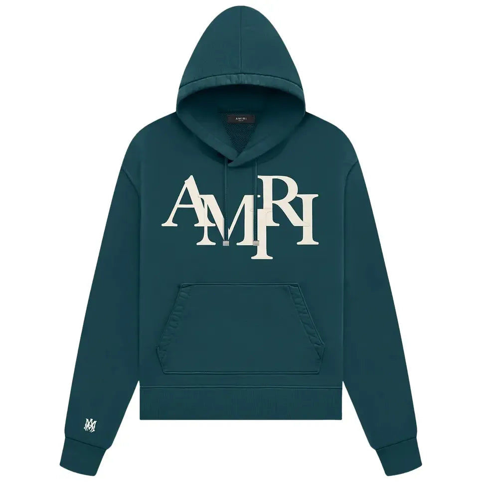 Amiri Staggered Logo Hoodie Rain Forest