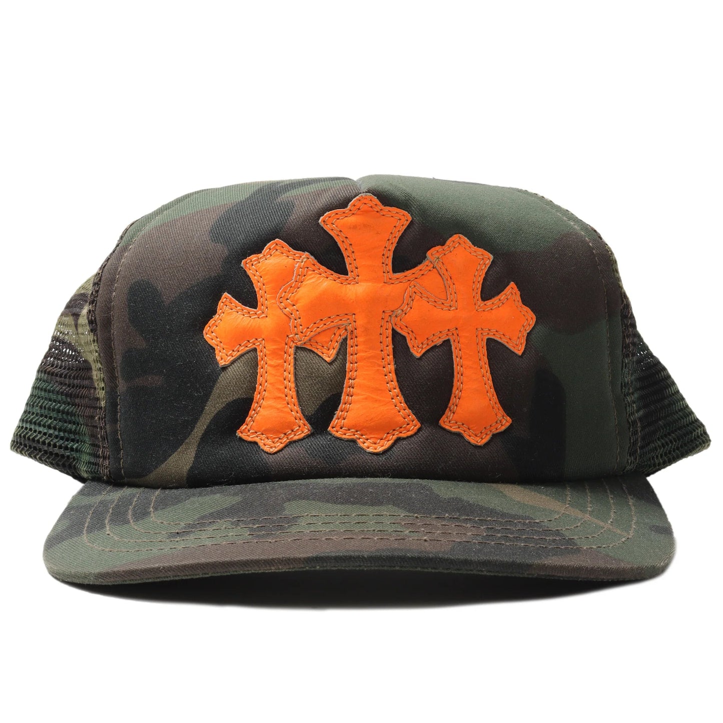 Chrome Hearts Leather Cemetery Cross Patch Trucker Hat Camo/Orange