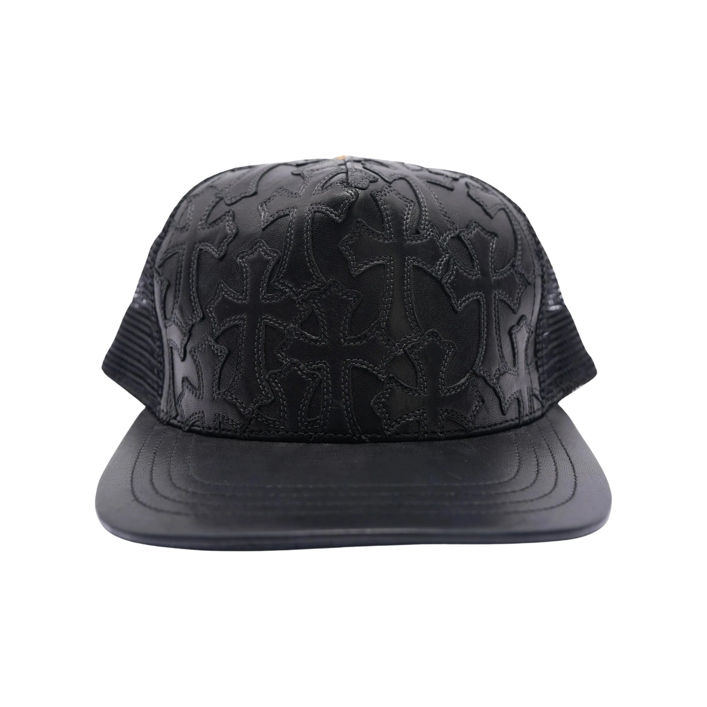 Chrome Hearts Cemetery Cross Leather Stitched Trucker Hat Black