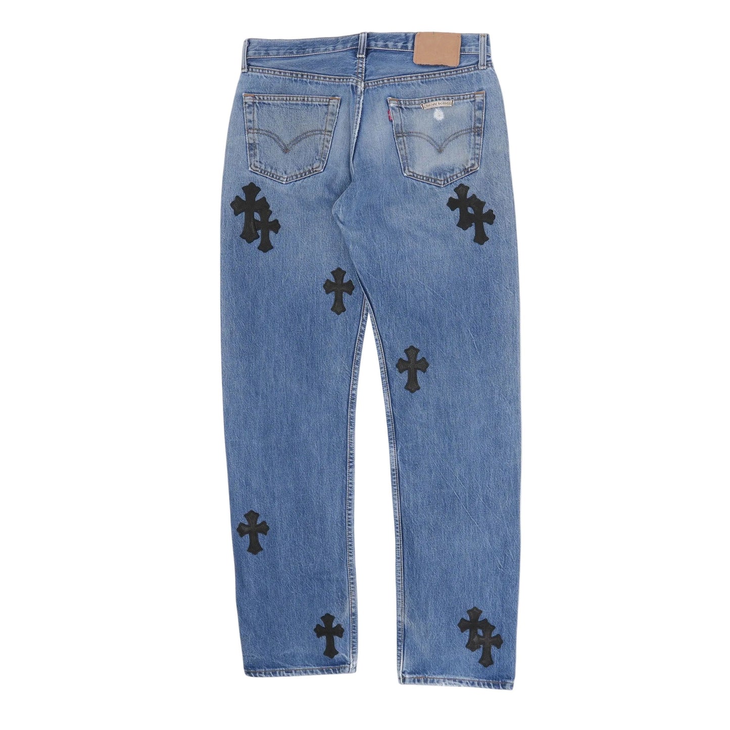 Chrome Hearts Levi's 501 Black Leather Cross Patch Jeans Blue