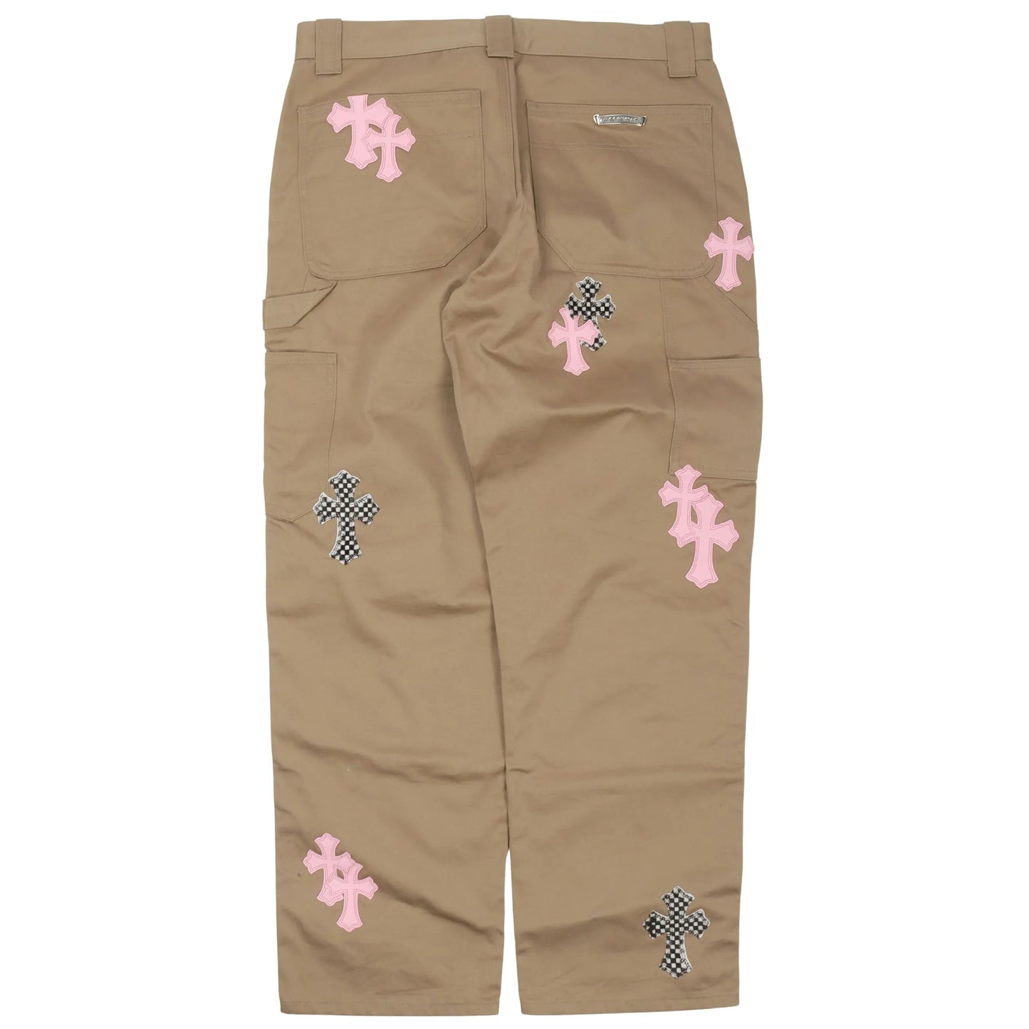 Chrome Hearts Pink & Checkered Leather Cross Patch Carpenter Pants Tan