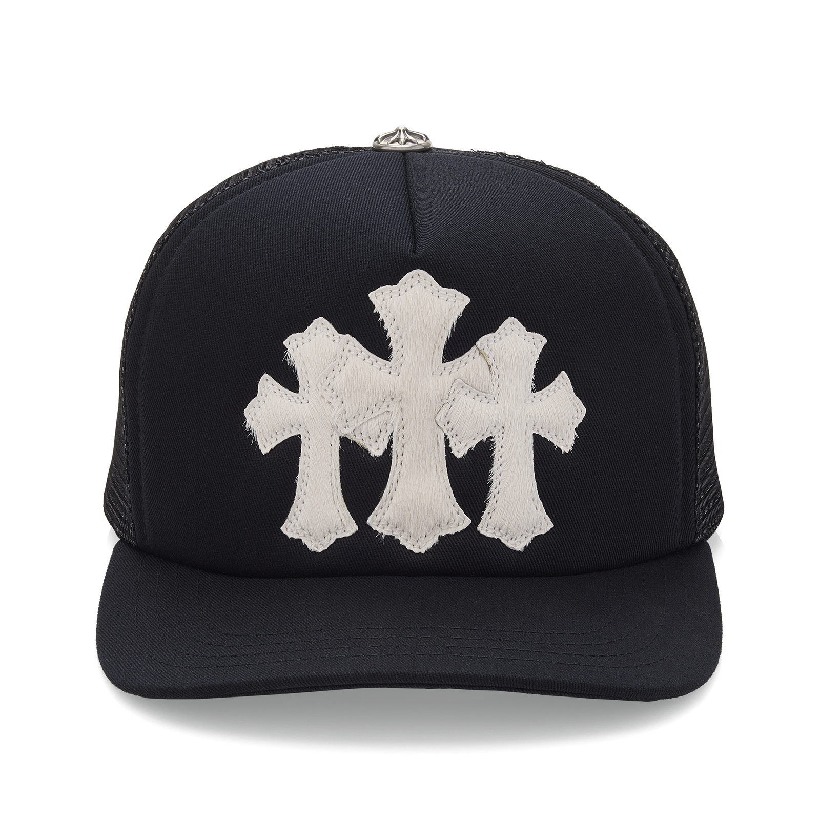 Chrome Hearts Calf Hair Triple Cemetery Cross Trucker Hat Black