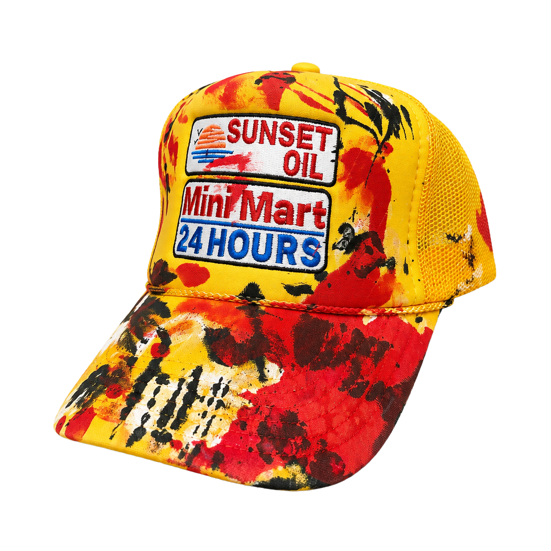Sunset Oil Mini Mart Paint Splatter Trucker Hat Yellow