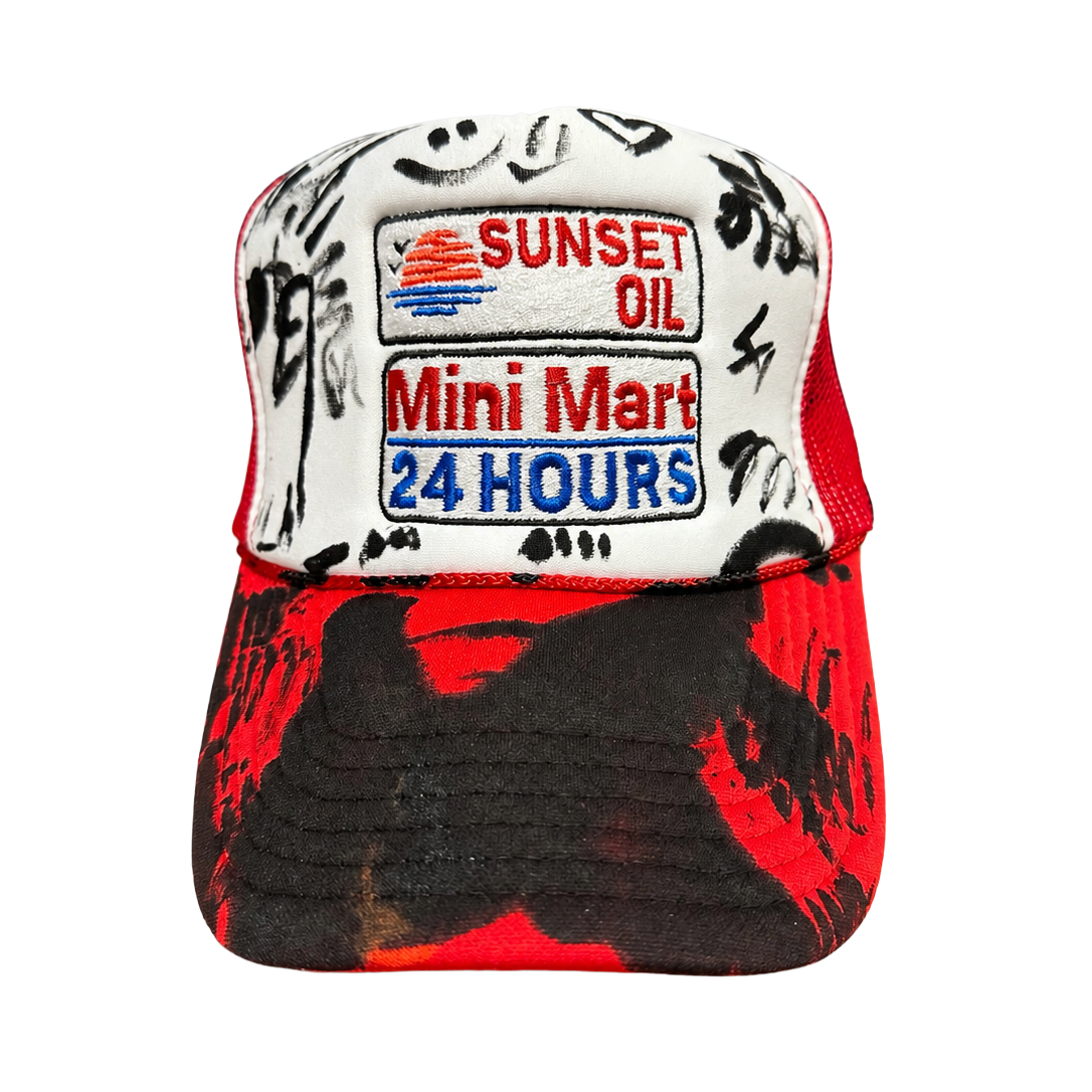 Sunset Oil Mini Mart Paint Splatter Trucker Hat Red/White
