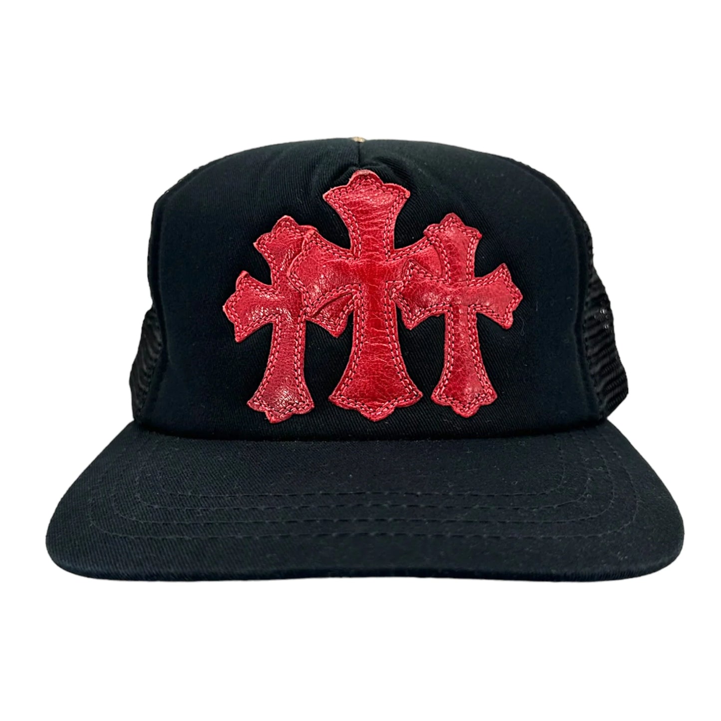 Chrome Hearts Leather Cemetery Cross Patch Trucker Hat Black/Red