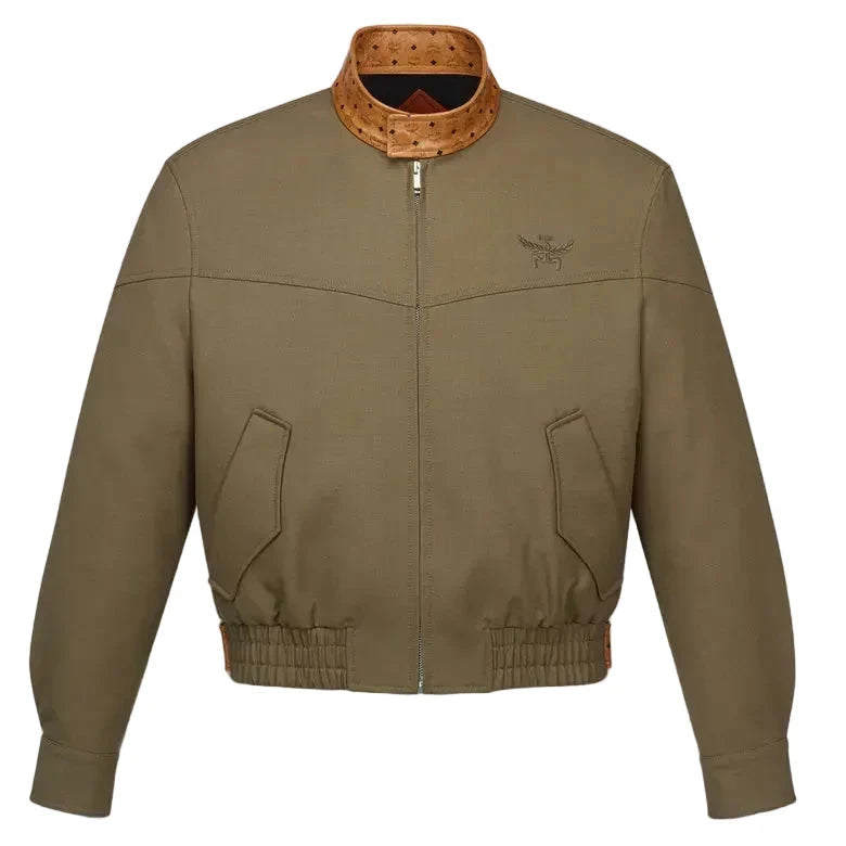 MCM Leather Monogram Print Wool Twill Jacket Khaki