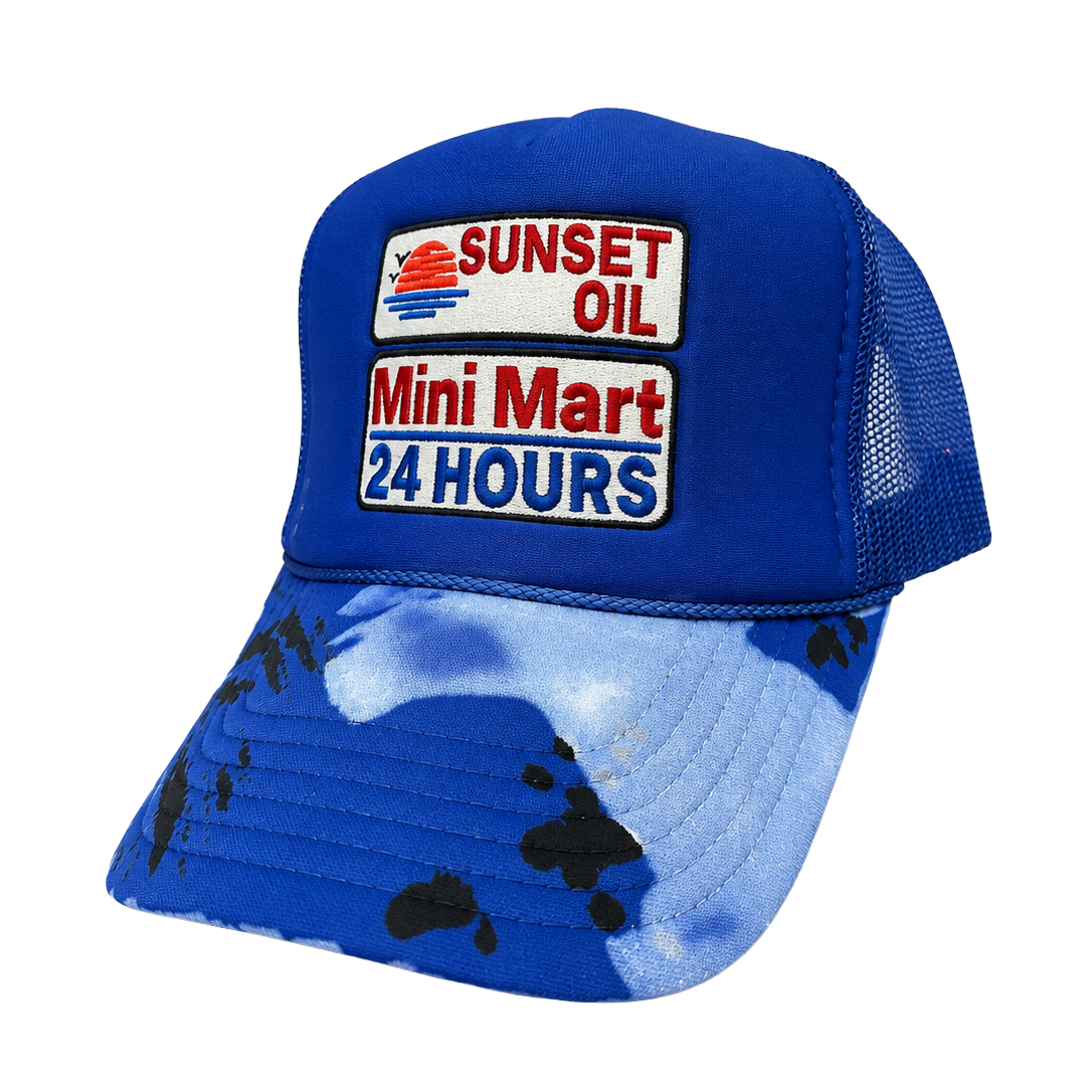 Sunset Oil Mini Mart Paint Splatter Trucker Hat Blue