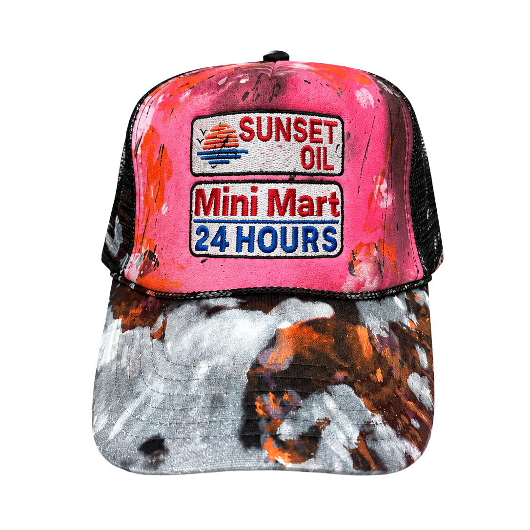 Sunset Oil Mini Mart Paint Splatter Trucker Hat Black/Pink