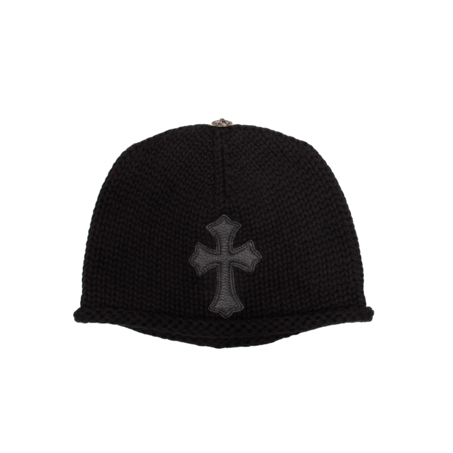 Chrome Hearts Leather Cemetery Cross Patch Knit Beanie Black