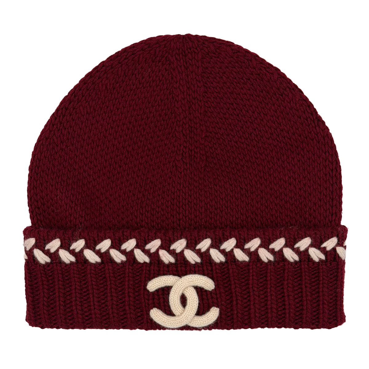 Chanel Crochet Knit Cashmere Beanie Burgundy/White