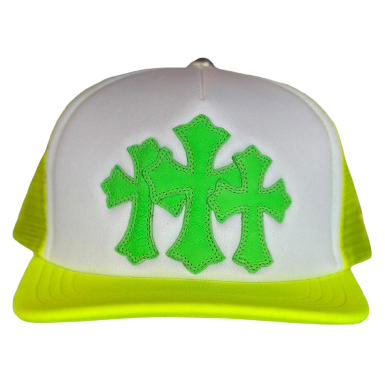 Chrome Hearts Leather Cemetery Cross Patch Trucker Hat Neon Green/White