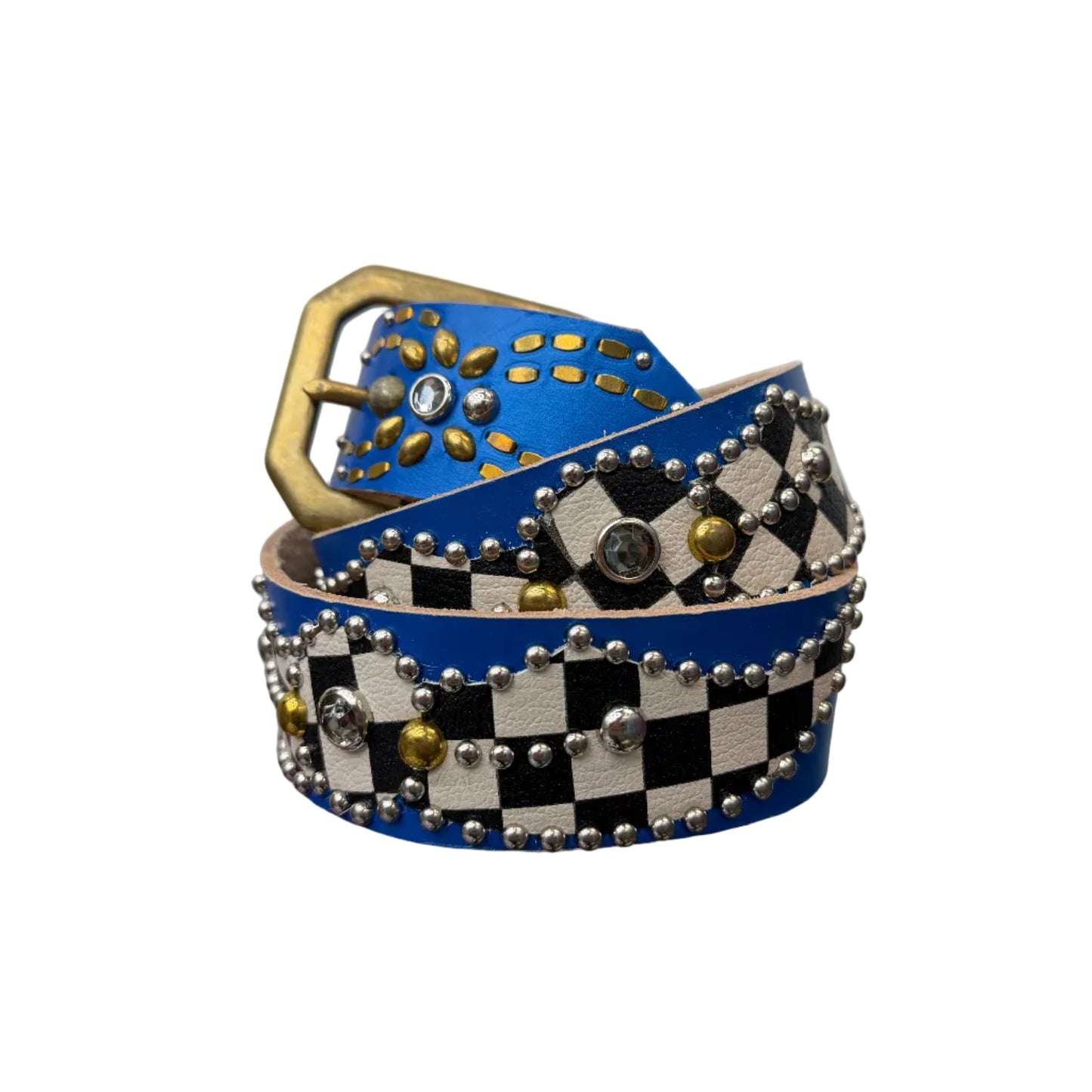 Studded Checkered Leather Star Spider Gem Belt Blue