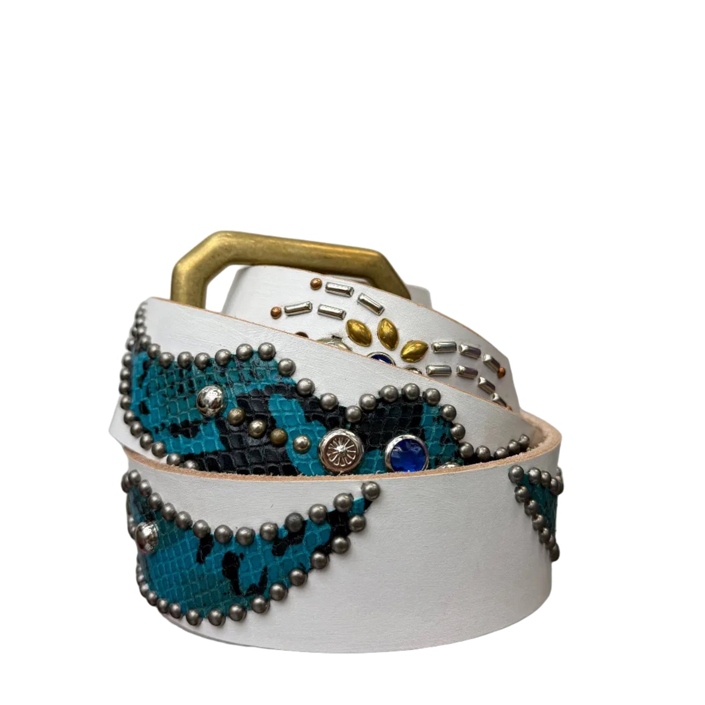 Studded Snakeskin Print Leather Belt White
