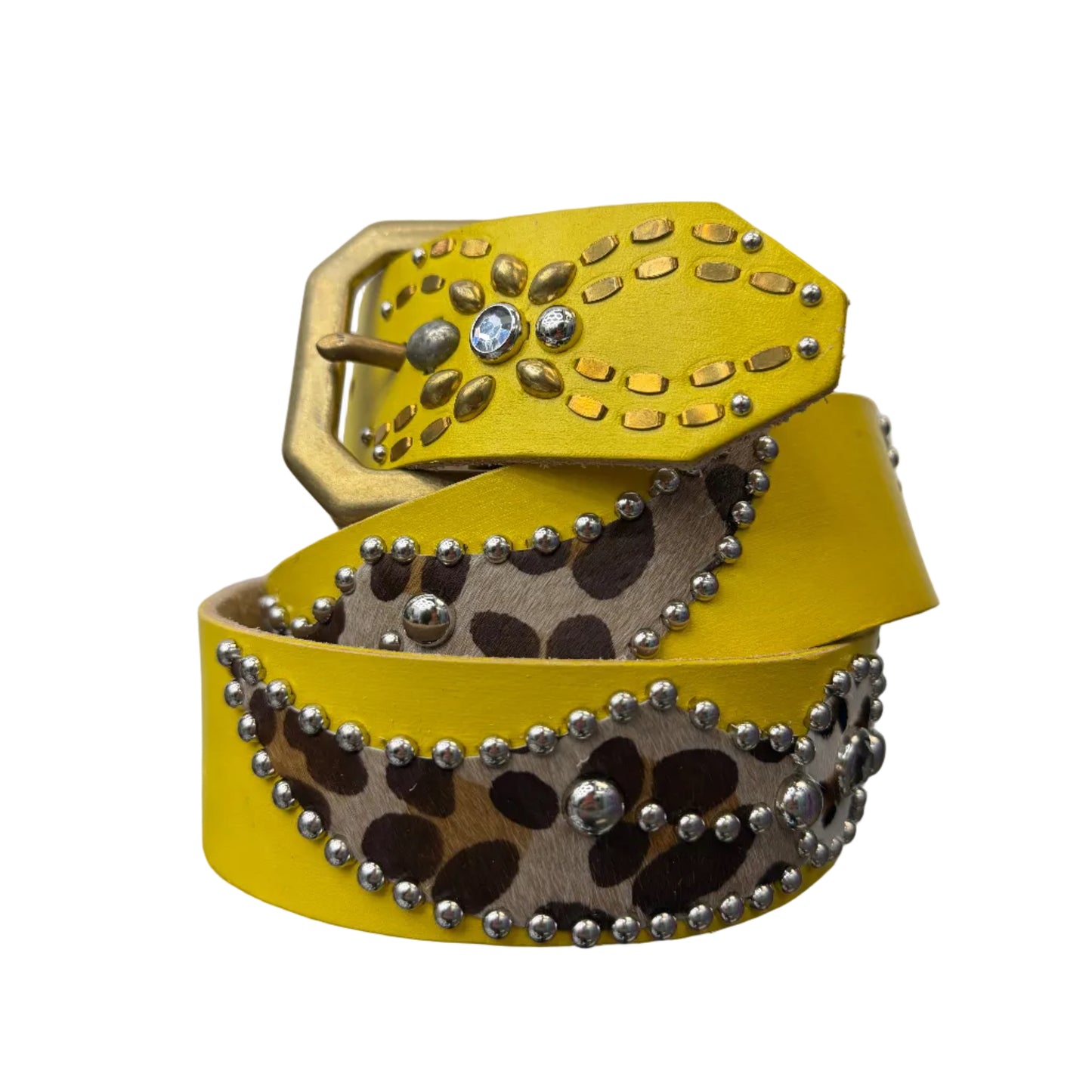 Studded Leopard Print Leather Belt Yellow