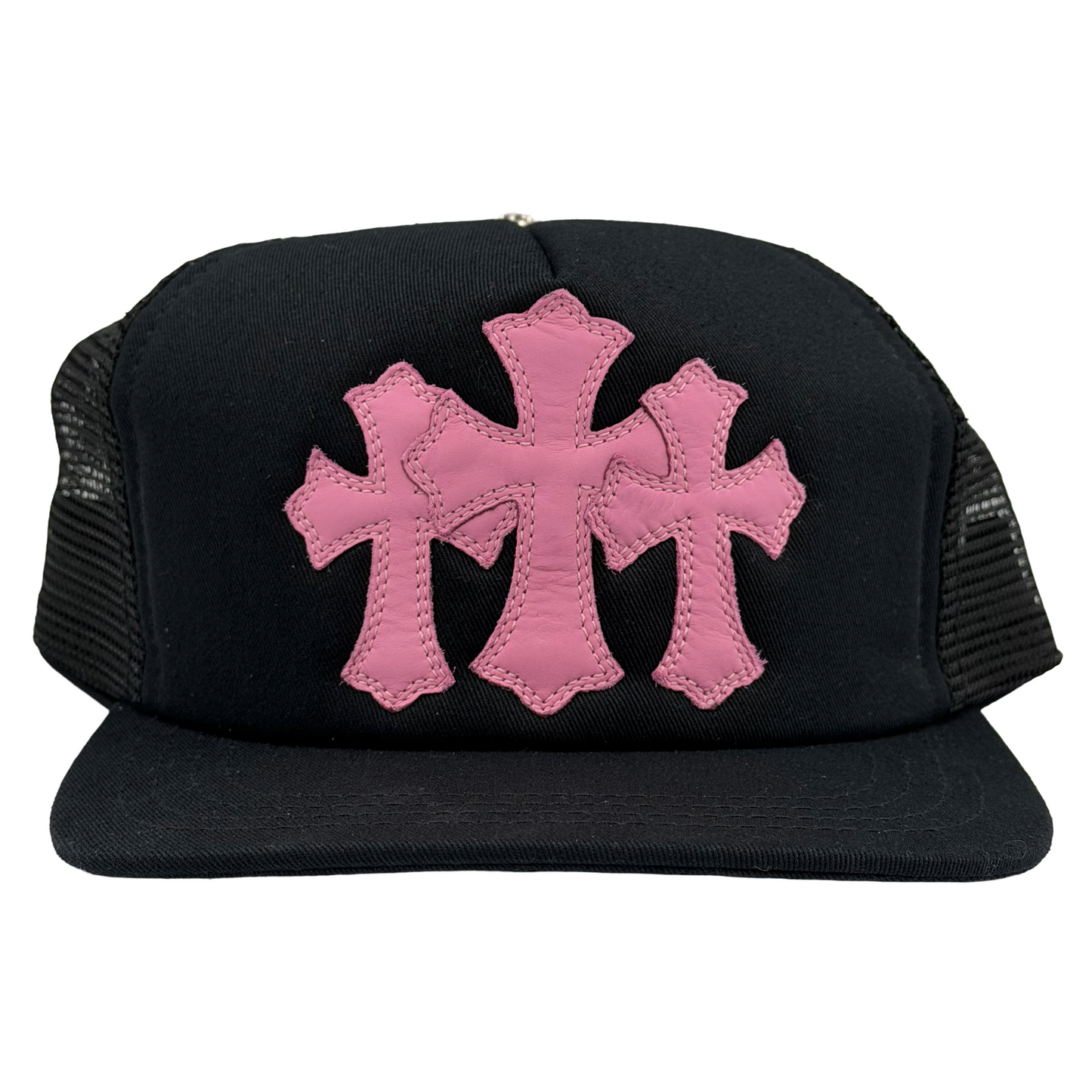 Chrome Hearts Leather Cemetery Cross Patch Trucker Hat Black/Pink