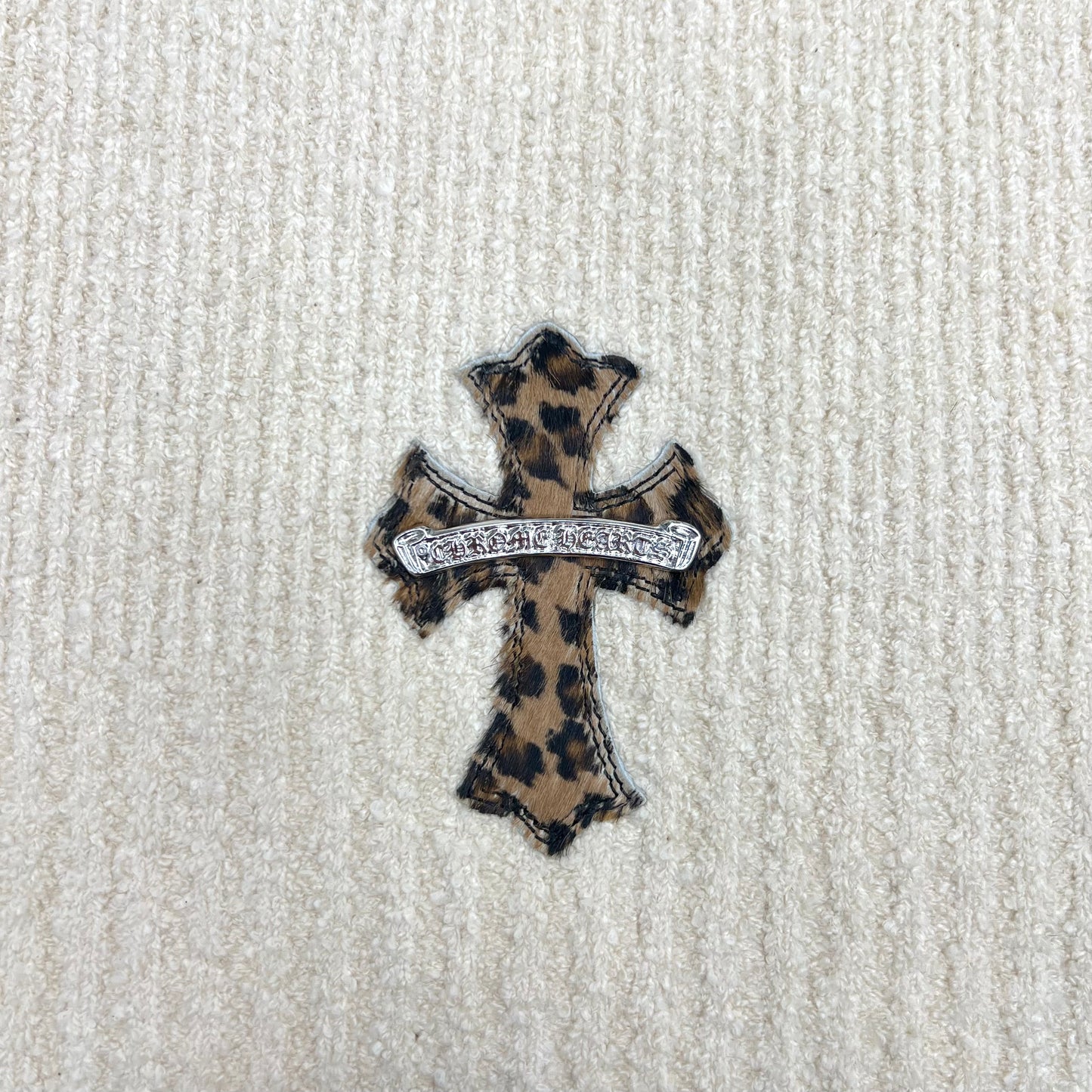 Chrome Hearts Pony Hair Cheetah Cross Patch Knitted Hoodie Cream