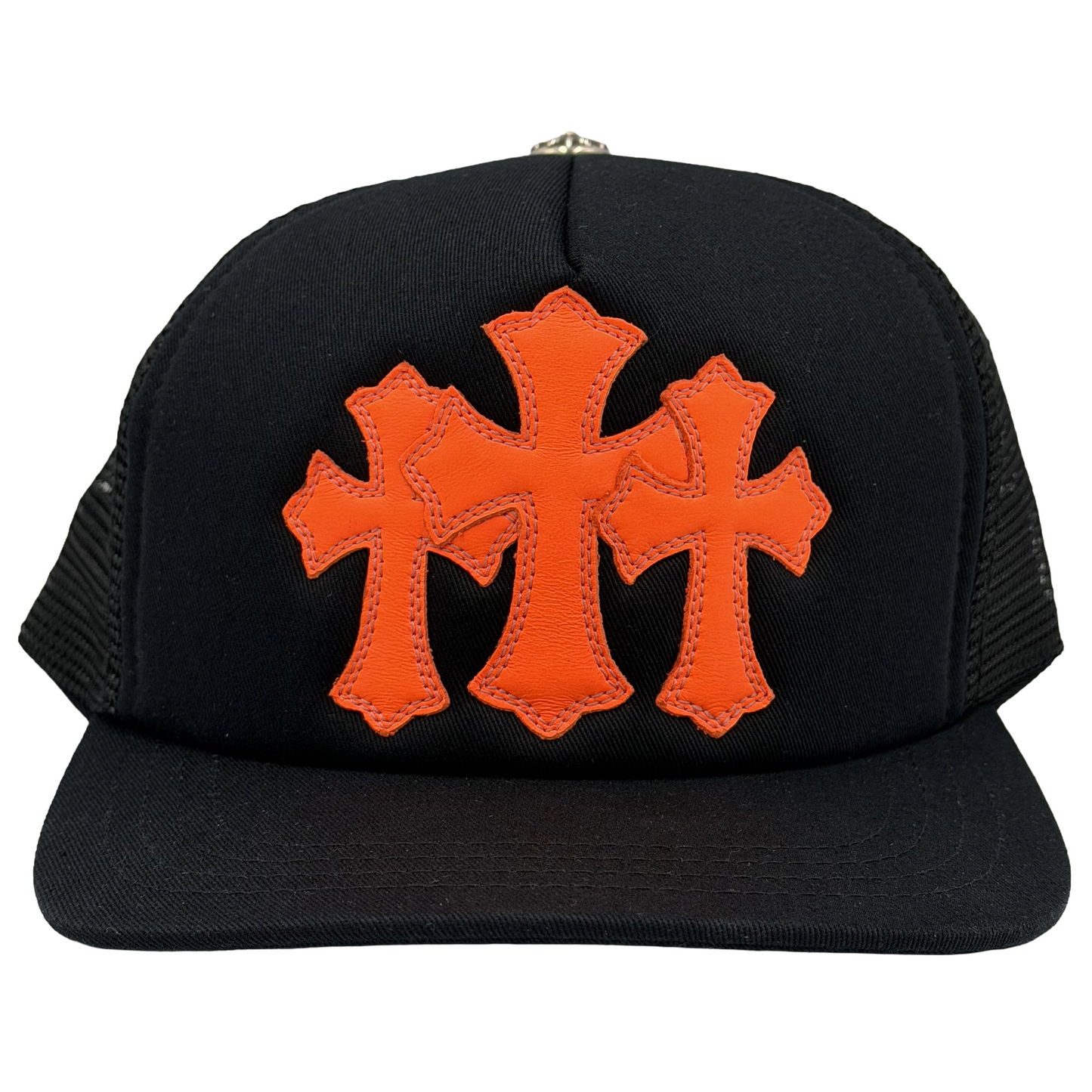 Chrome Hearts St. Barth's Store Exclusive Leather Cemetery Cross Patch Trucker Hat Black/Orange