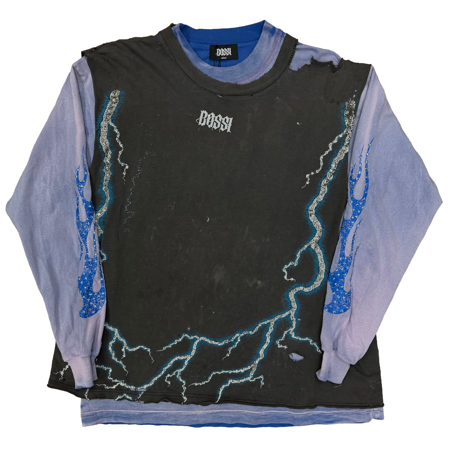 Bossi Lightning Vintage Wash Double Layer Rhinestone L/S T-Shirt Black/Blue