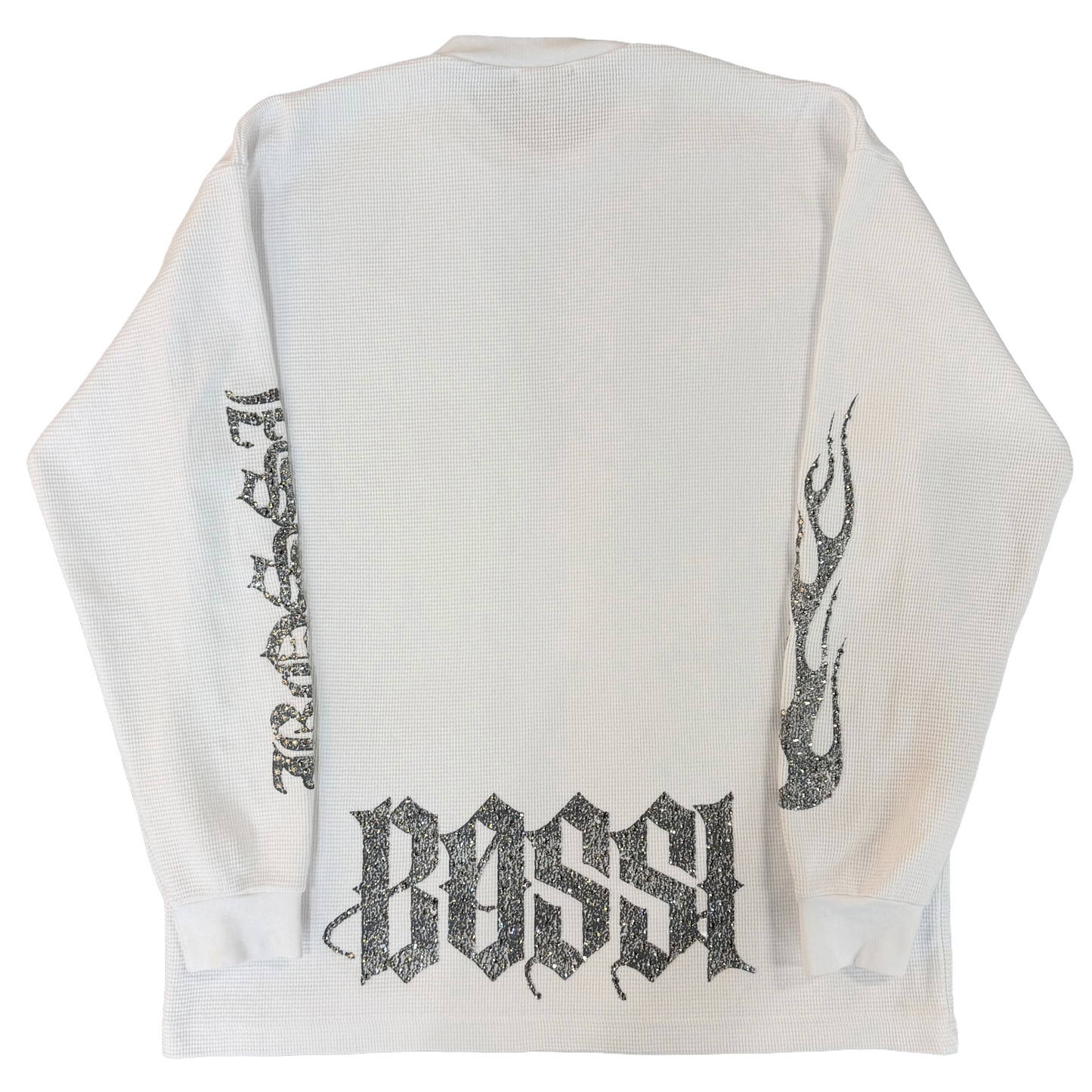Bossi Rhinestone Logo Flame Sleeve Thermal L/S T-Shirt White/Silver
