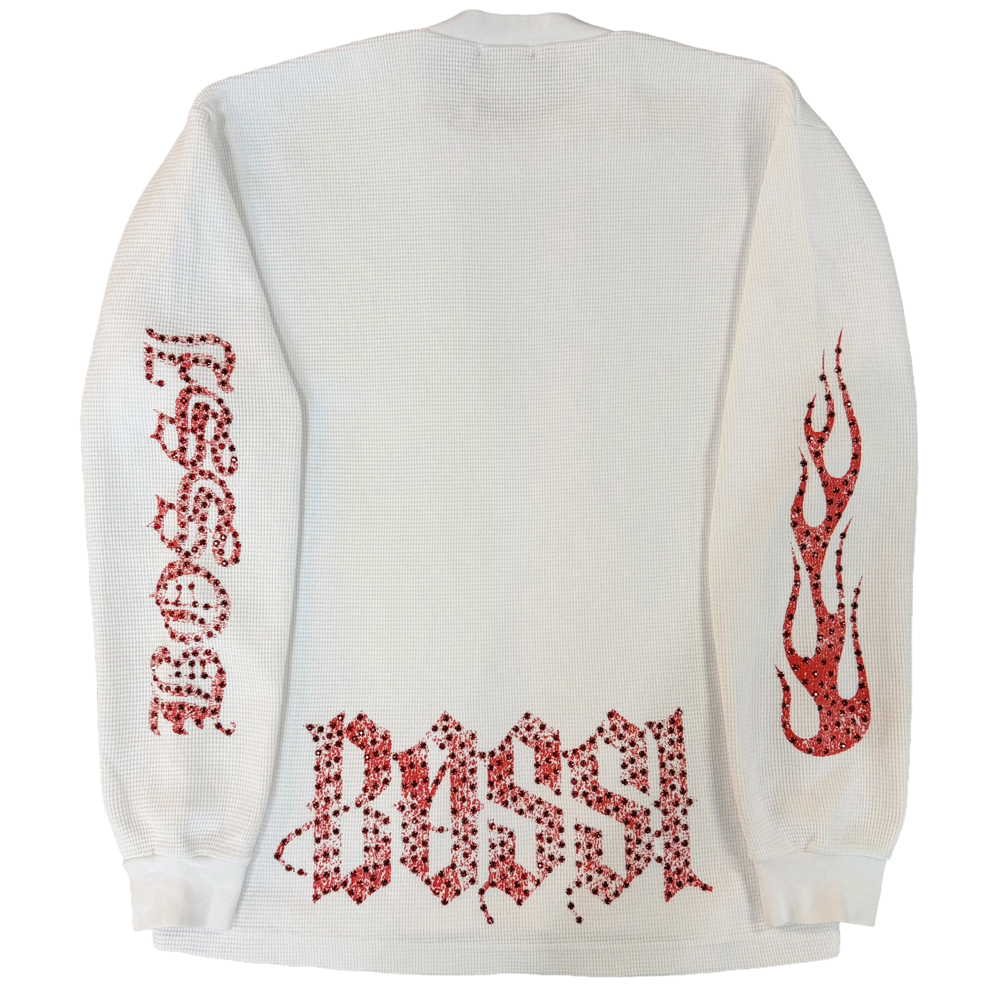 Bossi Rhinestone Logo Flame Sleeve Thermal L/S T-Shirt White/Red