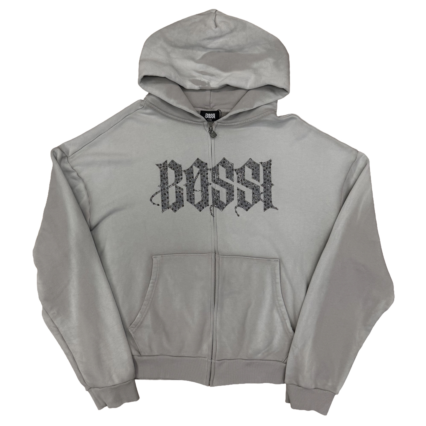 Bossi Rhinestone Logo Zip-Up Hoodie Washed Grey/Grey