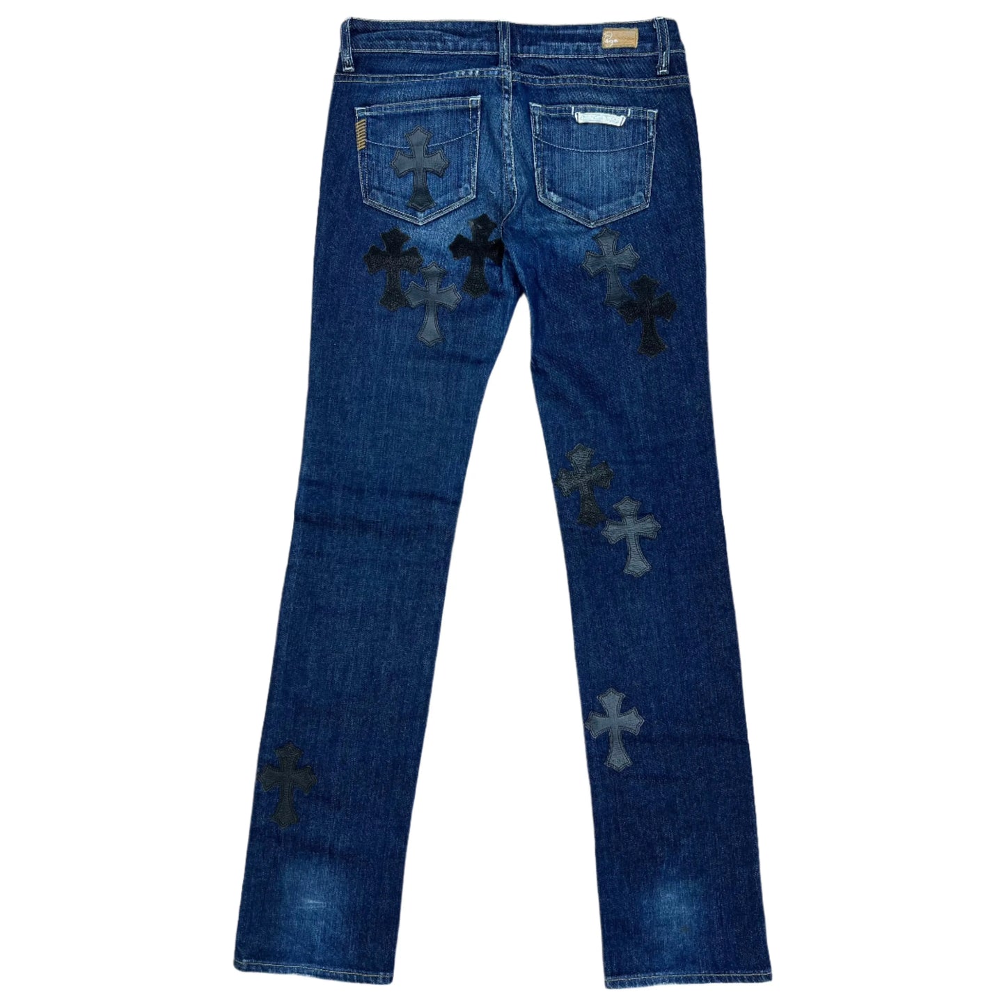 Chrome Hearts Black Leather Cross Patch Vintage Jeans Dark Blue (Women's)