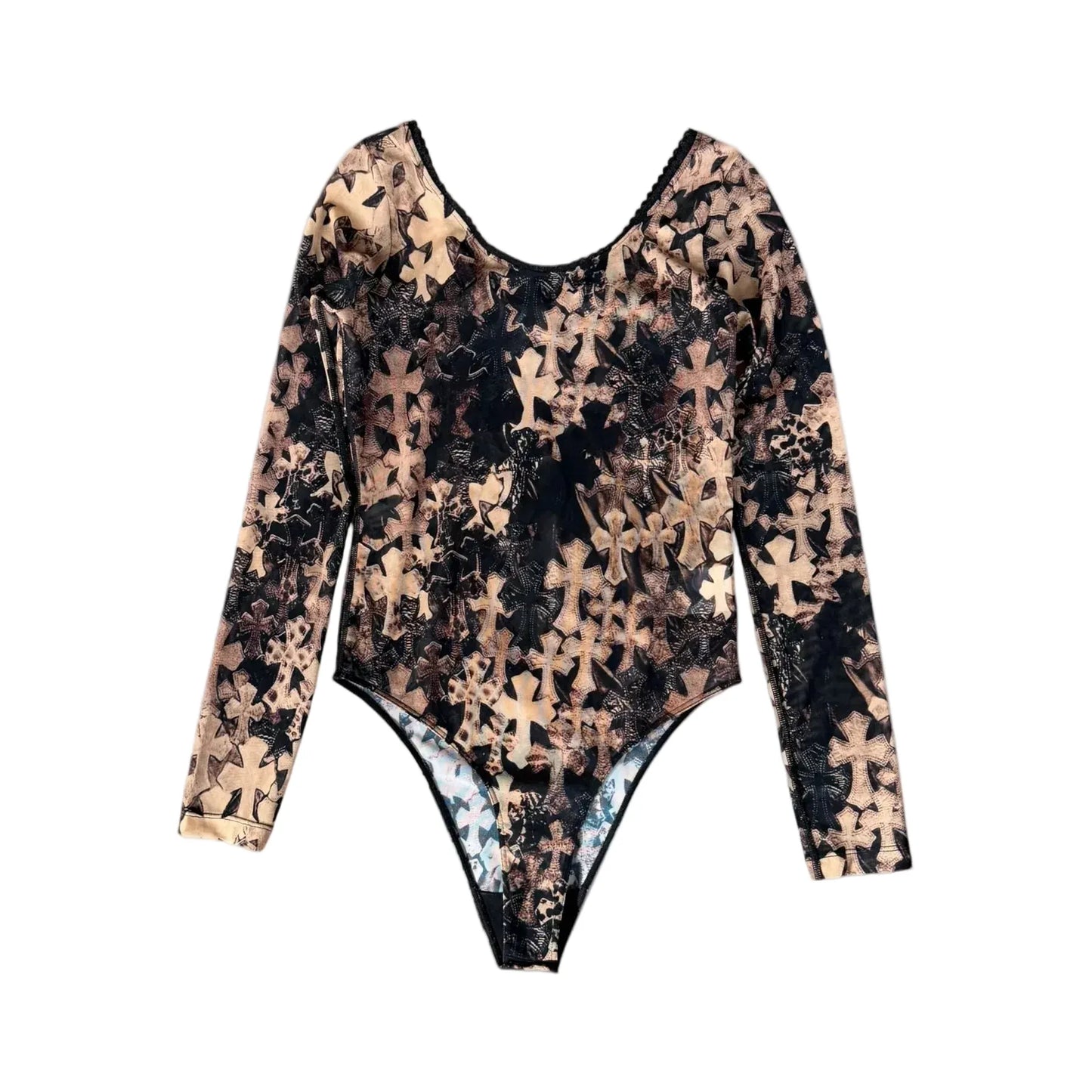 Chrome Hearts All Over Cross Print Mesh Body Suit Brown