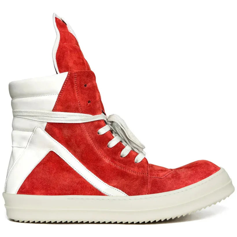 Rick Owens SS26 Temple Suede Geobasket Sneakers Carnelian/Milk/Milk