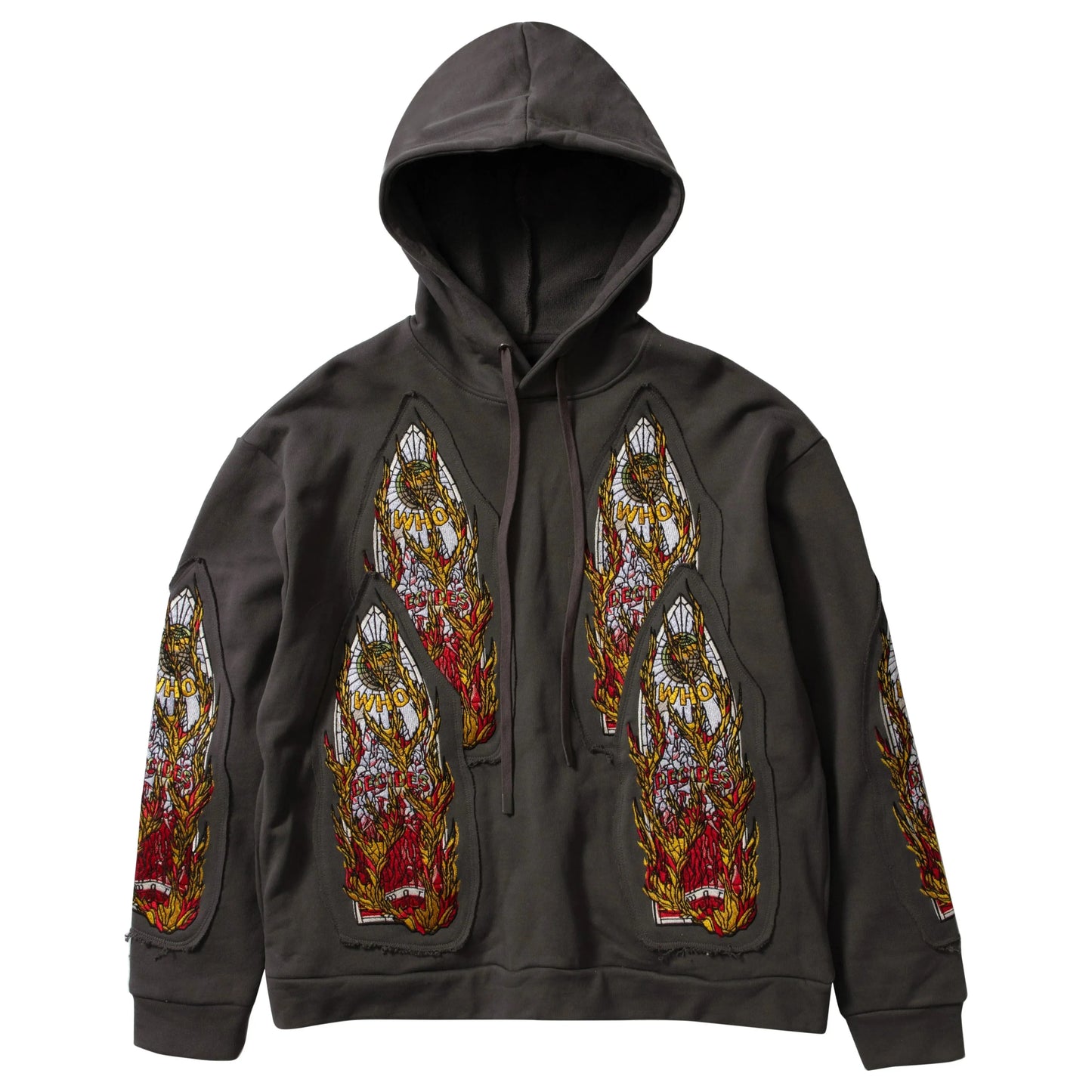 Who Decides War Flame Glass Embroidered Hooded Pullover Vintage Grey