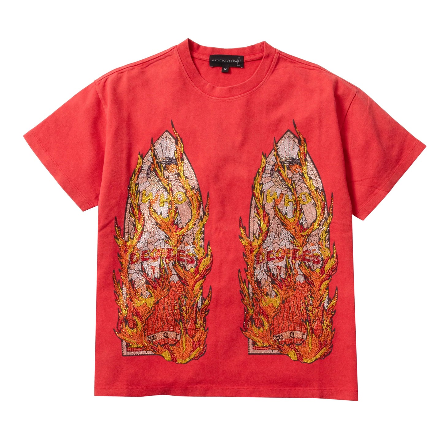 Who Decides War Rhinestone Flame Glass Jersey T-Shirt Ruby