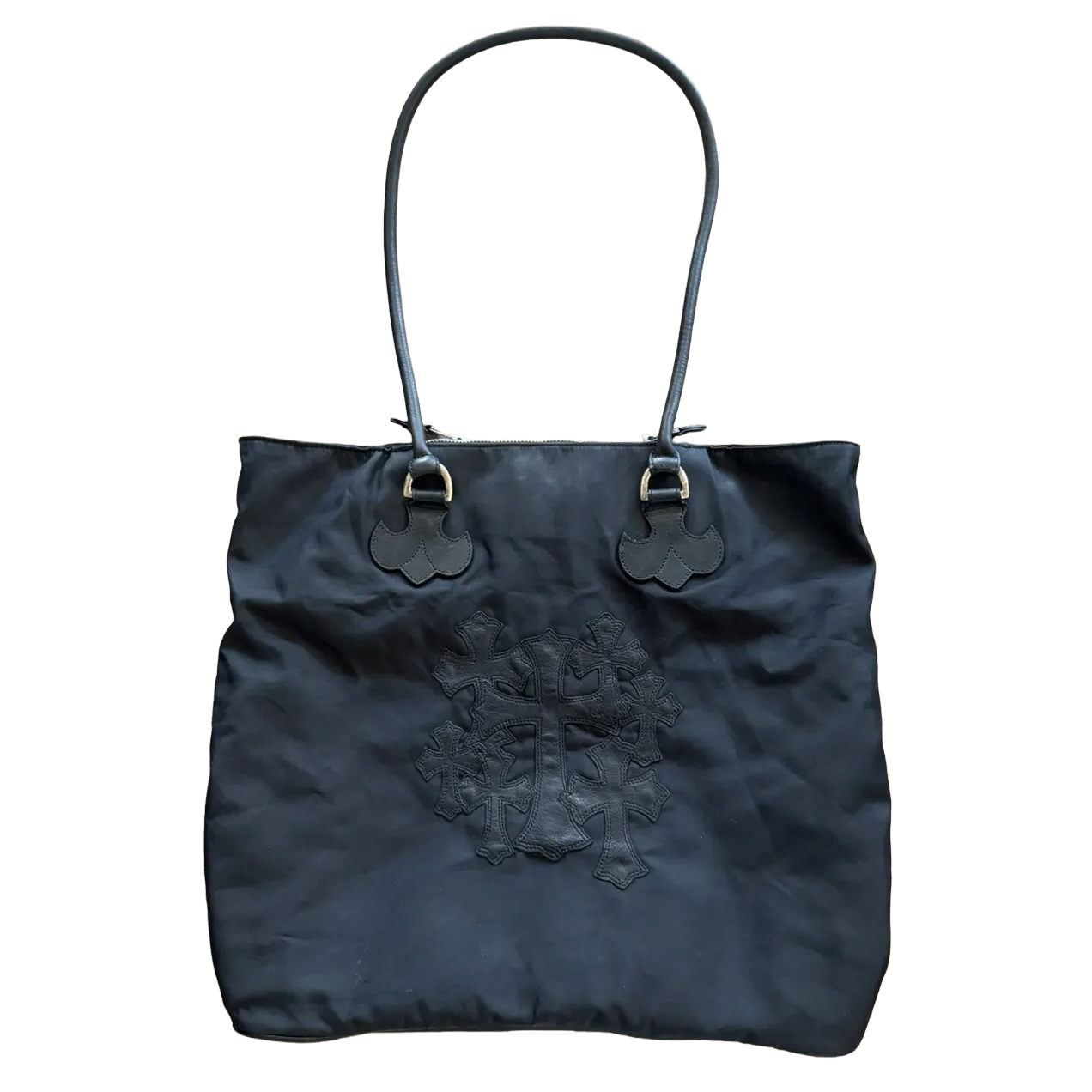 Chrome Hearts Leather Cemetery Cross Patch Nylon Tote Bag Black