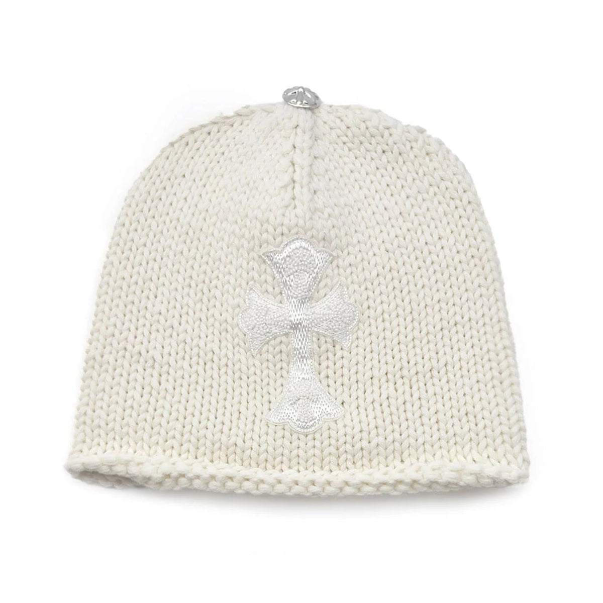 Chrome Hearts Cashmere Beaded Cemetery Cross Patch Beanie White