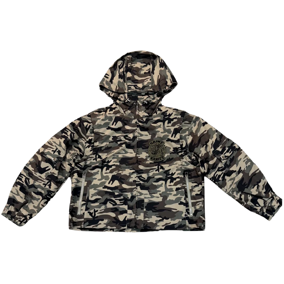 Saint Vanity Camo Green Patch Zip Up Nylon Cargo Jacket