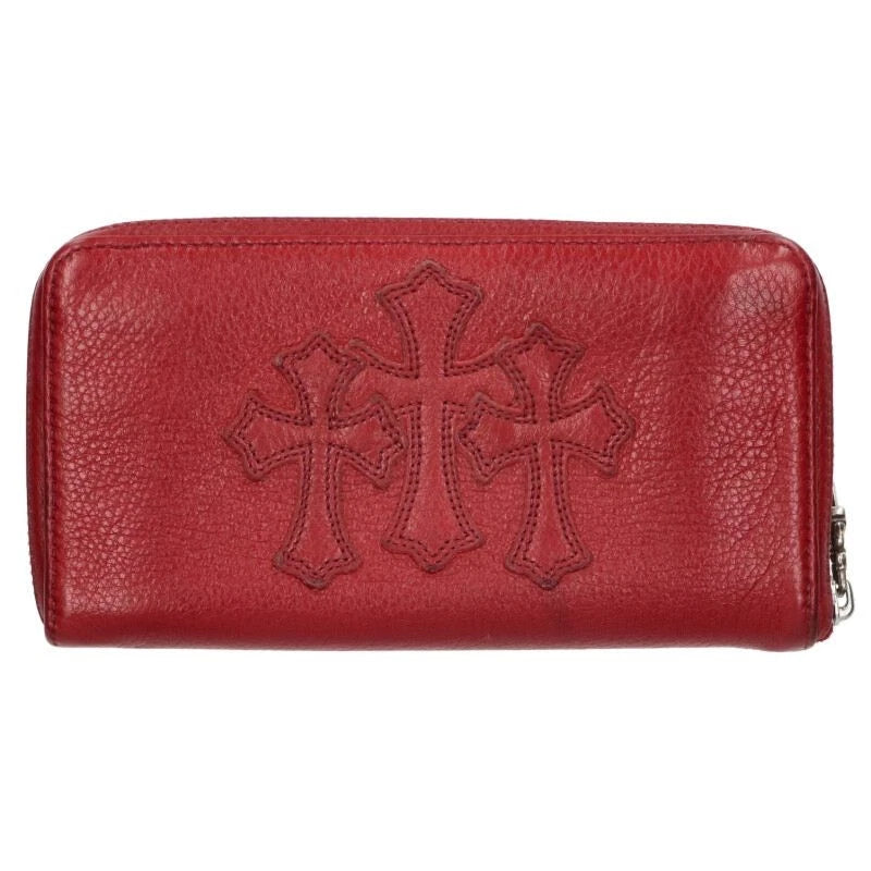 Chrome Hearts Leather Triple Cemetery Cross Patch Zip Clutch Wallet Red