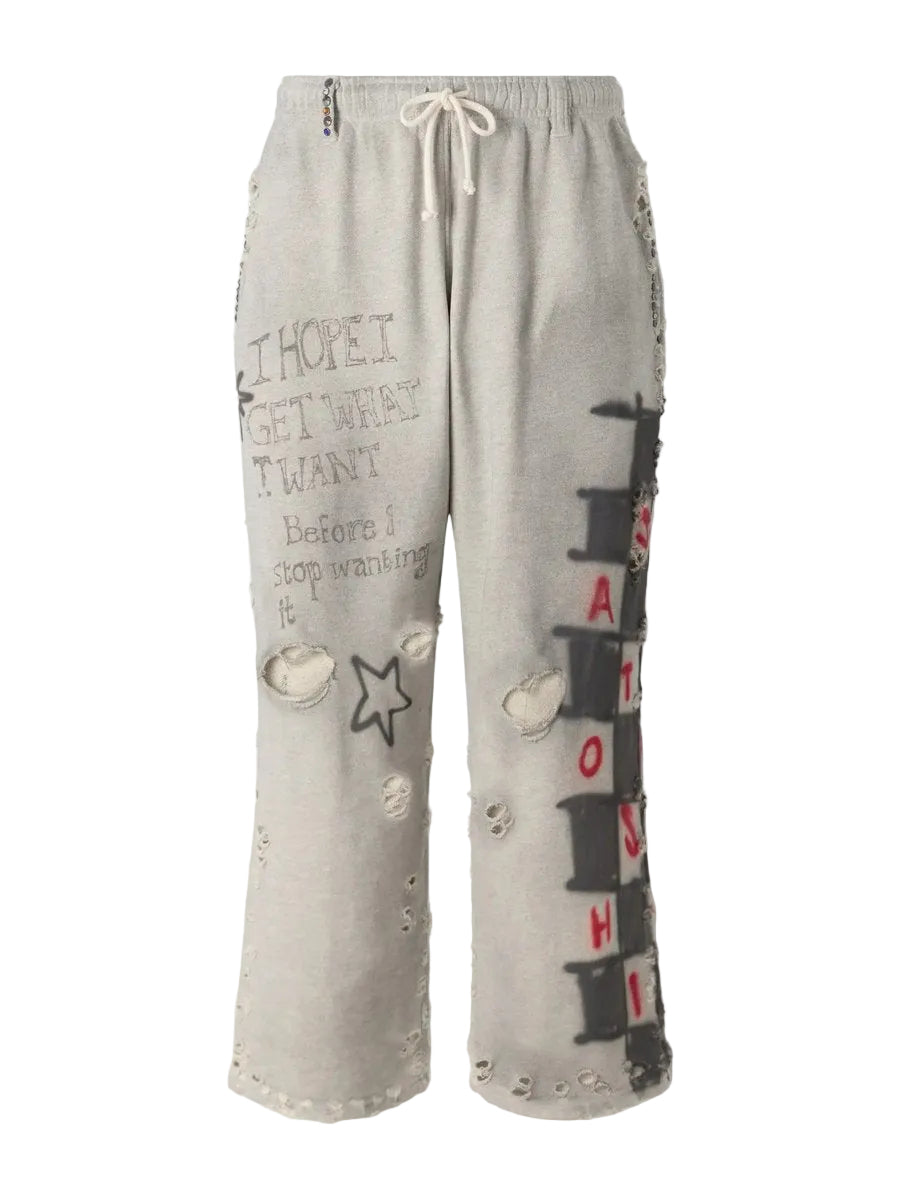Satoshi Nakamoto Get What I Want Printed Distressed Sweatpants