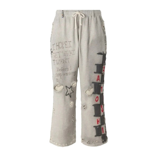 Satoshi Nakamoto Get What I Want Printed Distressed Sweatpants