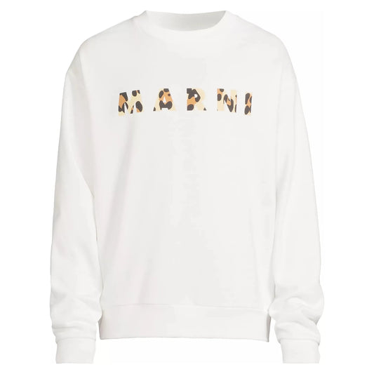 Marni Leopard Logo Print Organic Cotton Crewneck Natural White