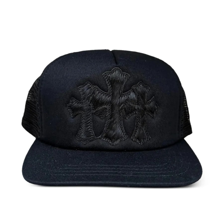 Chrome Hearts Pony Hair Triple Cemetery Cross Trucker Hat Black/Black