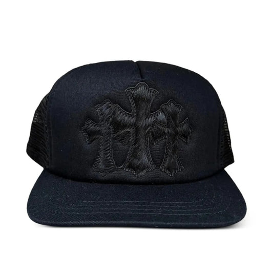 Chrome Hearts Pony Hair Triple Cemetery Cross Trucker Hat Black/Black