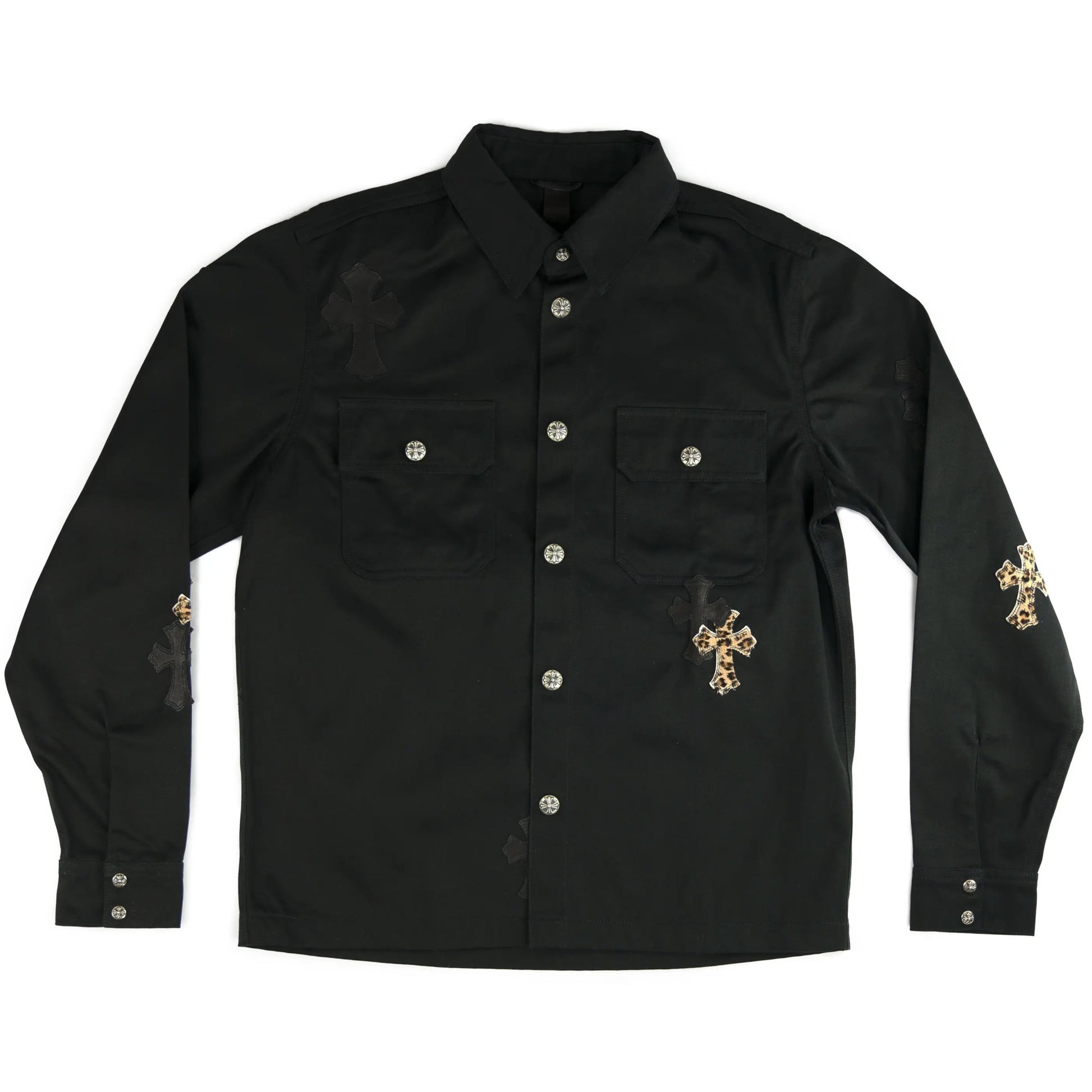 Chrome Hearts Leopard & Black Leather Cross Patch Work Dog Jacket Chrome Hearts Leopard & Black Leather Cross Patch Work Dog Jacket