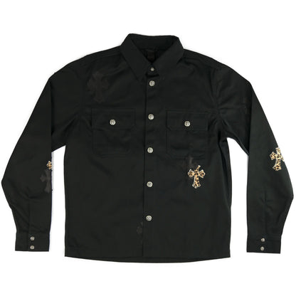 Chrome Hearts Leopard & Black Leather Cross Patch Work Dog Jacket Black