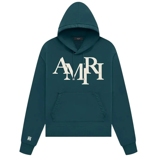 Amiri Staggered Logo Hoodie Rain Forest