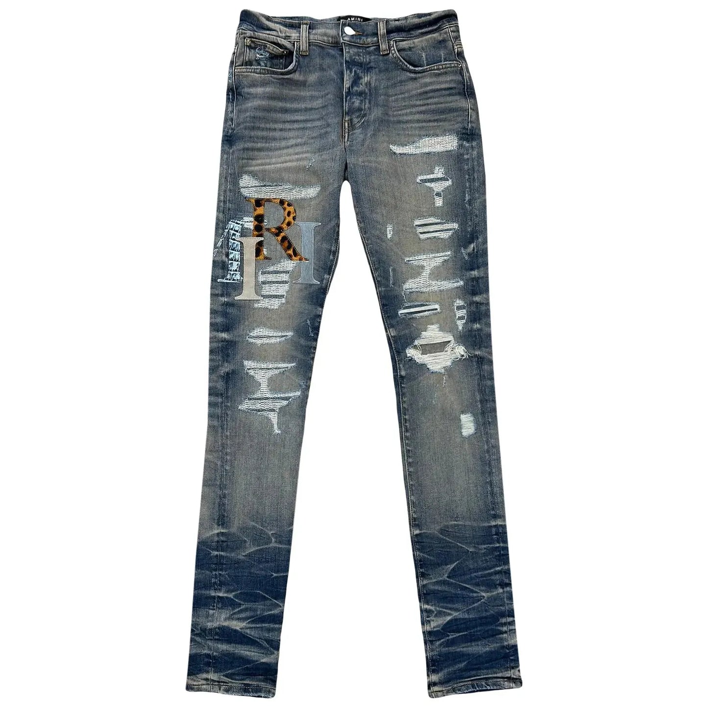 Amiri Leather Staggered Logo Jean Vintage Indigo
