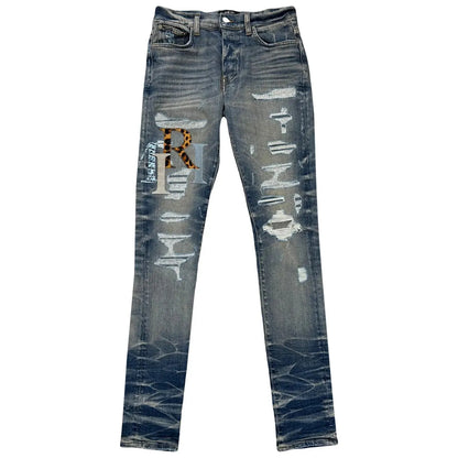 Amiri Leather Staggered Logo Jean Vintage Indigo