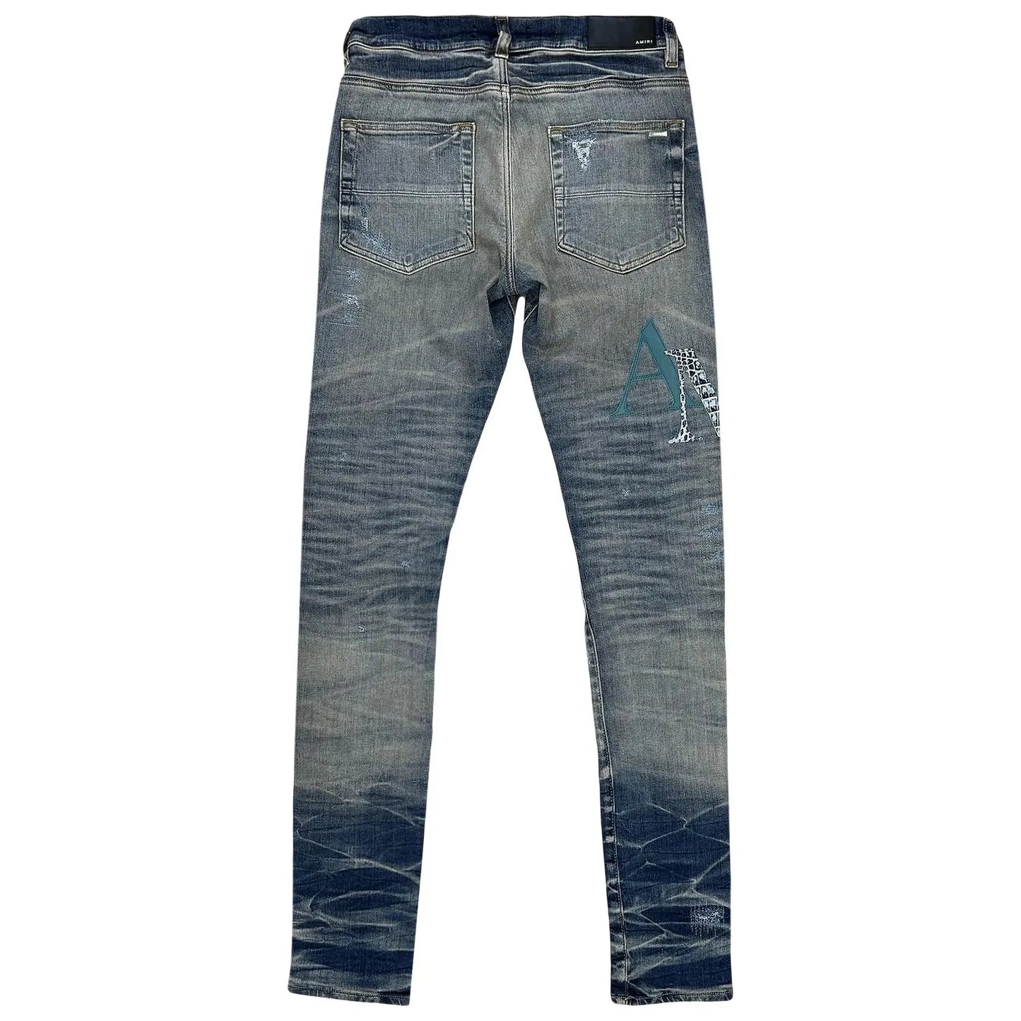 Amiri Leather Staggered Logo Jean Vintage Indigo