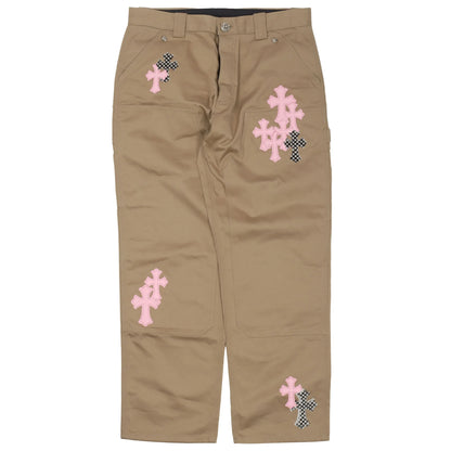 Chrome Hearts Pink & Checkered Leather Cross Patch Carpenter Pants Tan