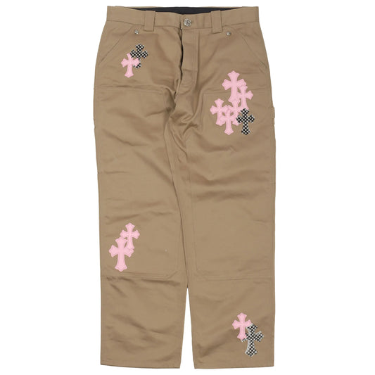 Chrome Hearts Pink & Checkered Leather Cross Patch Carpenter Pants Tan