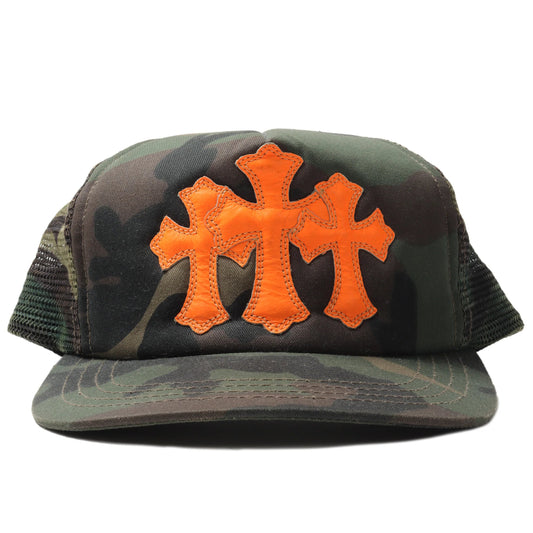 Chrome Hearts Leather Cemetery Cross Patch Trucker Hat Camo/Orange