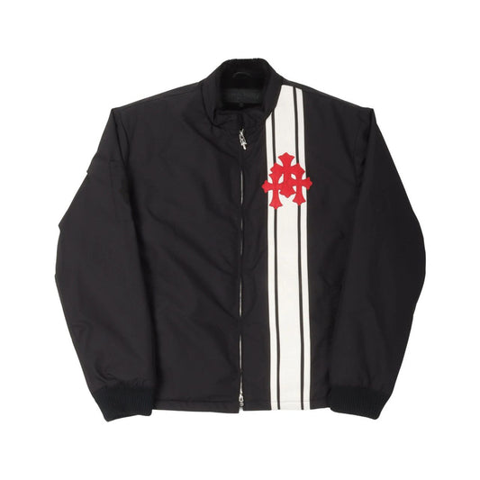 Chrome Hearts Faux Fur Lined Cemetery Cross Patch Racing Jacket Black/White/Red