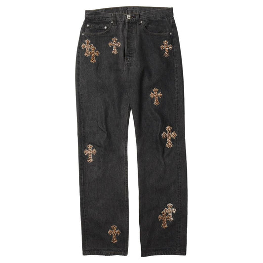 Chrome Hearts Leopard Cross Patch Jeans Black Vintage Wash